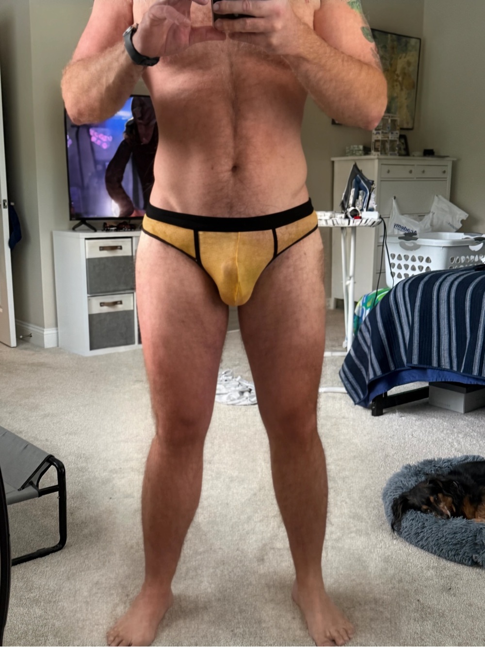 Men's Yellow Sheer Mesh Thong XL - Picture 3 of 3